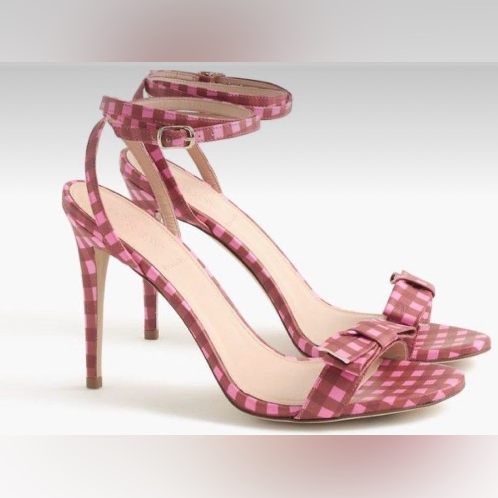 J.Crew Pink Gingham Print Leather Strappy High Heel Sandals with Bow, Size 8.5 - Picture 10 of 10